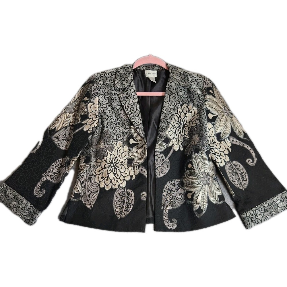 Chicos Black Floral Print Jacket Lined  Cardigan Sz 0 S Jacquard‎ Art 3/4 Sleeve